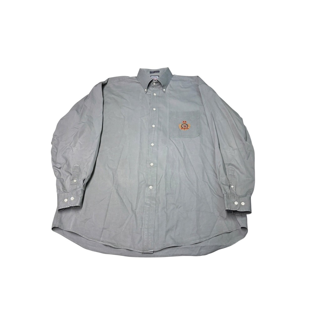 Faconnable Grey Cotton Button Down Shirt Mens XL Embroidered Crest Long Sleeve